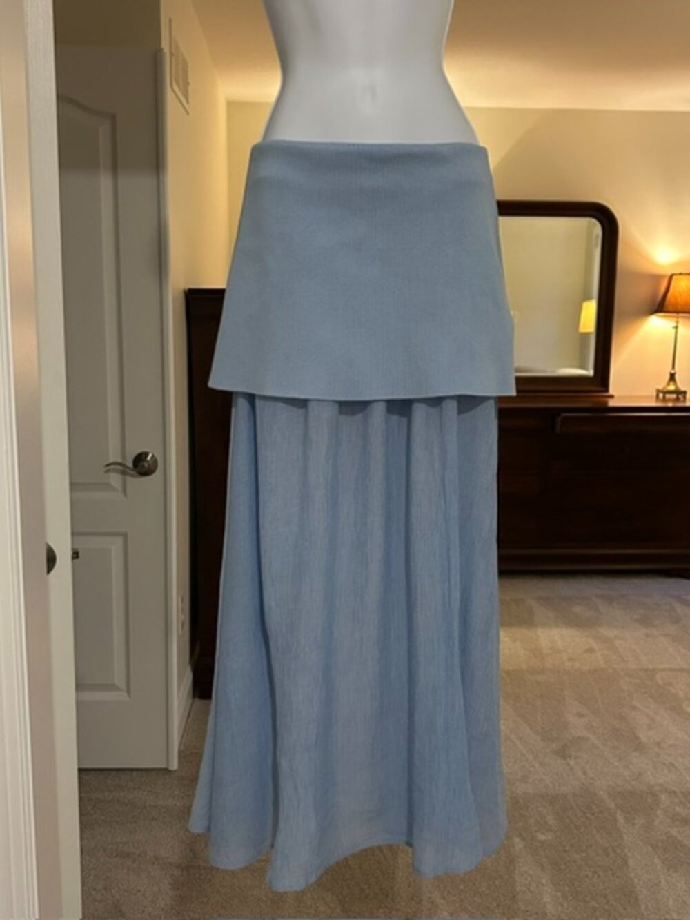 Zara Light Blue Layered Maxi Skirt | Knit & Crinkle Gauze Mixed Fabric Skirt | S